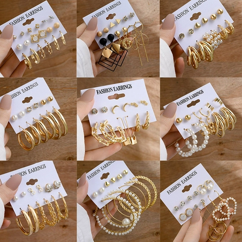Fashion Earring Multi Styles Alloy Gold Plated Faux Artificial Pearl Rhinestone Geometric C-Shape Hoop Stud Jewelry For Women