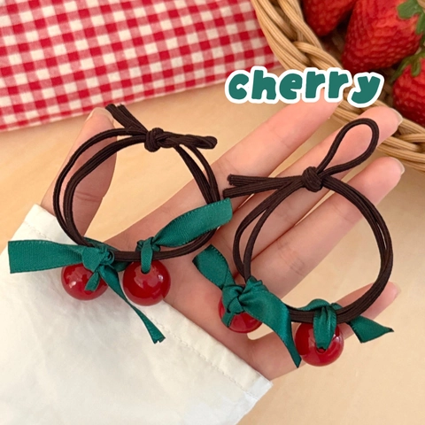 Cherry Bow Hair Ties And Hair Clips For Girls Sweet Fruit Resin Pendant Ribbon Plaid Knot Elastic Headwear Accessory