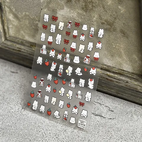 Nail Art Stickers 5D Cartoon Strawberry Rabbit Pattern Self Adhesive DIY Decoration Japanese Style Cute Ultra Thin