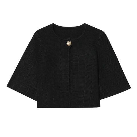 Women Knit Cardigan Shrug Short Half Sleeve Round Neck Solid Black Gold Button Elegant Cape Jacket Streetwear