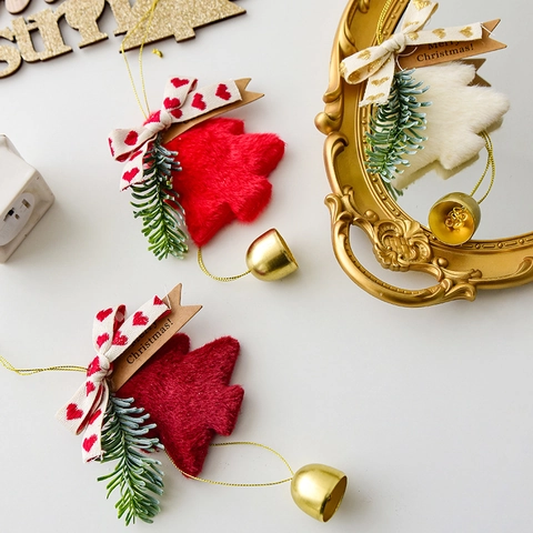Christmas Tree Plush Hanging Ornaments With Metal Bell Heart Print Bow Pine Needles Holiday Party Home Decor