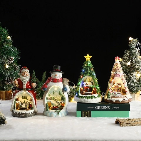 Decorazione Natalizia Resina LED Carillon Luminoso Treno Rotante Paesaggio In Miniatura Decorazione Da Scrivania Regalo