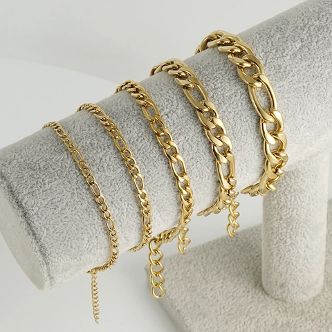 Figaro Chain Bracelet 18K Gold Plated Stainless Steel Minimalist Jewelry Unisex NK Link With Lobster Clasp Extension