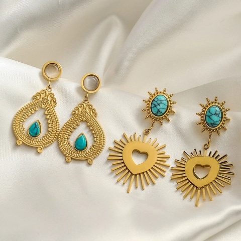 Klassische Vergoldete Titanstahl Ohrringe Mit Türkissteinen Im Tropfen Und Herz Sonnenstrahl Design Modeschmuck Für Damen