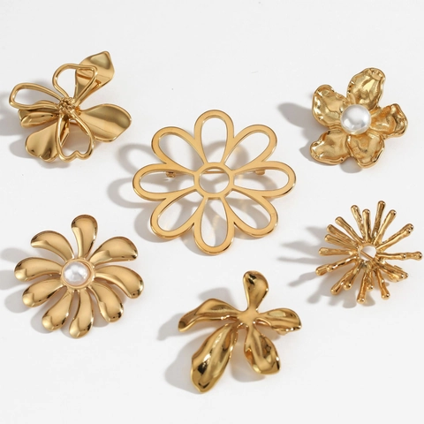 316 Stainless Steel Flower Brooch For Women Gold Plated Geometric Floral Lapel Pin With Faux Artificial Pearl Minimalist Jewelry