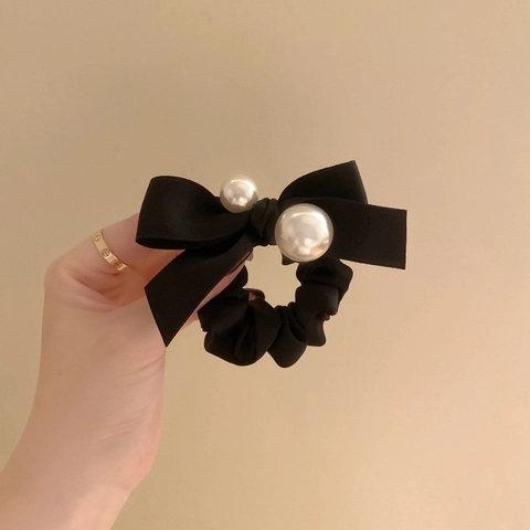 Scrunchie Elegante In Raso Nero Con Fiocco E Künstliche Perle Artificiali Elastico Per Capelli Donna
