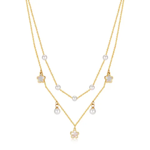 Elegante Collana a Doppio Strato in Acciaio Inossidabile per Donna Placcata Oro Pendente Fiore Perla Artificiale