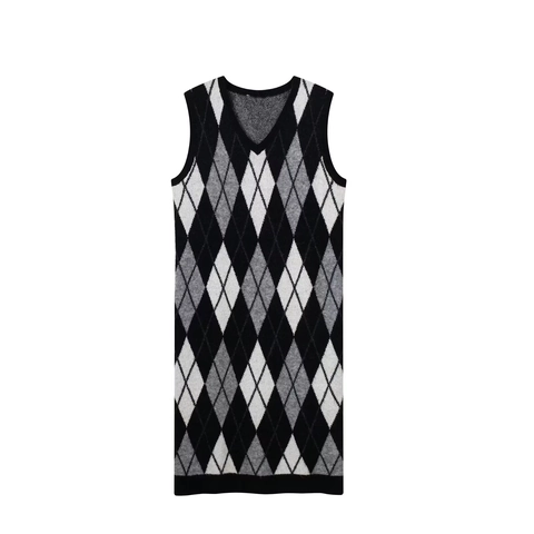 Argyle Knitted Vest Dress V Neck Sleeveless Casual Fashion Loose Waist Midi For Women