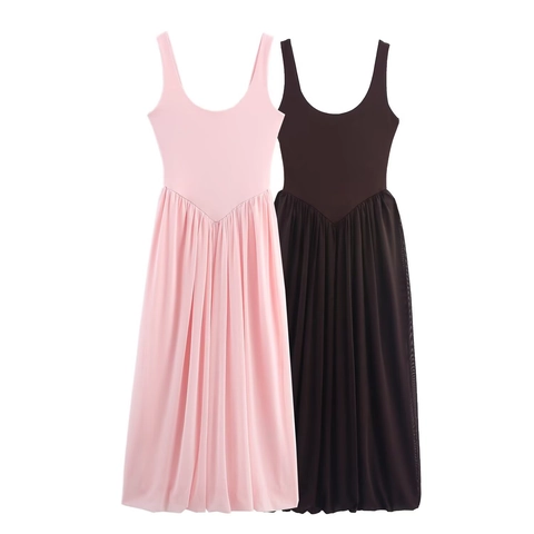 Ärmelloses Maxikleid Mesh Patchwork U-Ausschnitt Plissee Hohe Taille Ballett-Stil A-Linie Elegant Mode Lässig Für Frauen