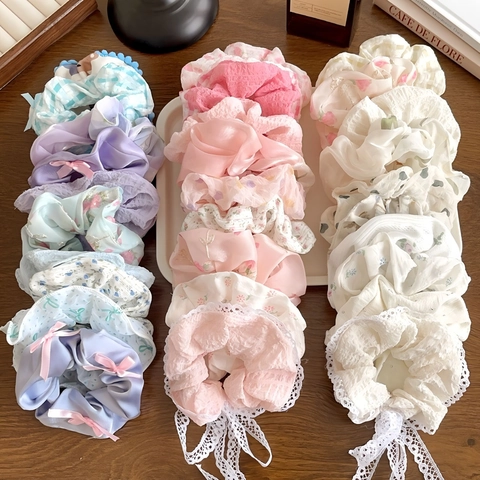 Scrunchies Stof Satijn Chiffon Kant Strikken Bloemen Geruit Stipjes Elastische Haarelastiekjes Paardenstaart Houder Koreaanse Stijl Elegant