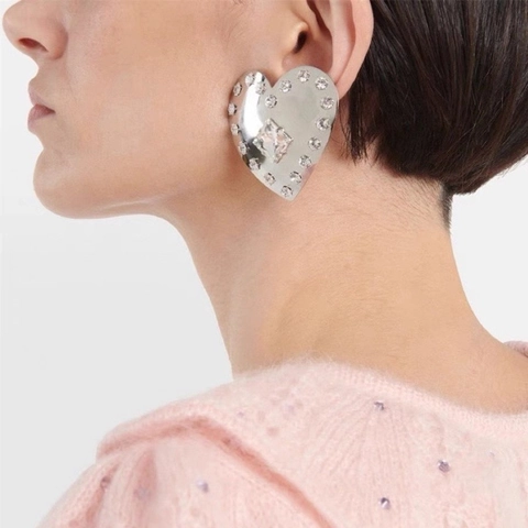 Lussuosi Orecchini a Bottone in Lega a Forma di Cuore Con Strass Effetto Specchio Cristallo Quadrato Perno Argento 925 Donna