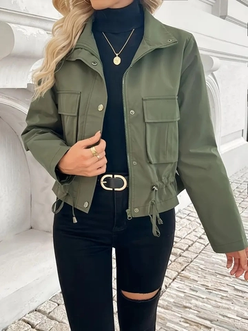 Dames Cargo Jas Kort Windjack Polyester Effen Kleur Rits Drukknop Trekkoord Zoom Klepzakken Legergroen Casual