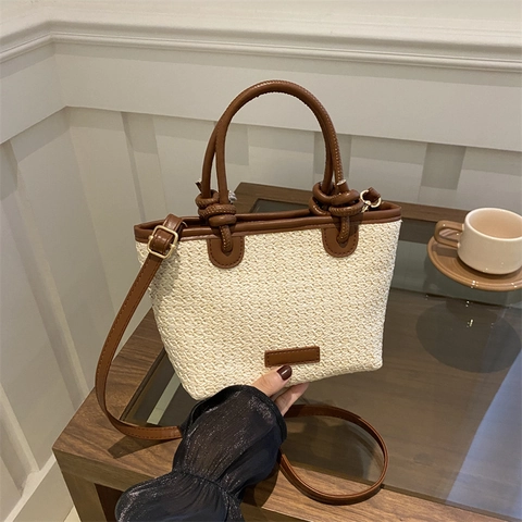 Damen Stroh Handtasche Mit PU Leder Geknoteten Riemen Verstellbarer Schultergurt Sommer Strandurlaub Umhängetasche