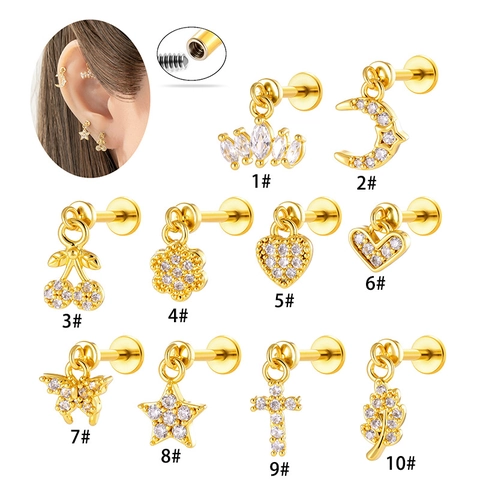 Exquisite Copper Zirconia Labret Lip Stud Earrings Internal Thread Screw Back Pave Micro Inlaid Cherry Heart Star Crown Butterfly Ear Bone Piercing Jewelry For Women