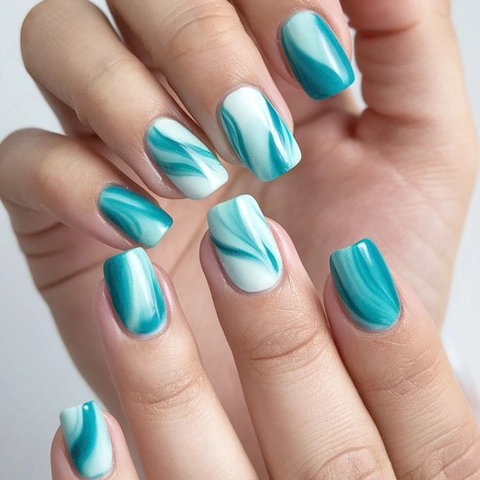 Blue White Marble Swirl Press On Nails ABS Square Round Elegant Minimalist Wearable False Nails For Women