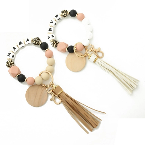 Fashion MAMA Silicone Bead Wristlet Keychain With Wood Bead Leather Tassel Leopard Print Bracelet Key Ring For Women Mother Gift