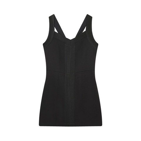 Bodycon Mini Dress Elastic Polyester V-Neck Sleeveless Cross Back Strap Zipper Slim Fit Party Clubwear Solid Black