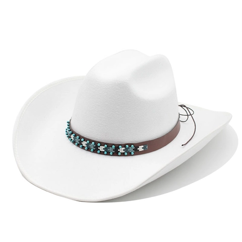 Western Cowboy Hat Felt Wide Brim With Ethnic Beaded Leather Band Retro Jazz Cap Fedora For Men Women