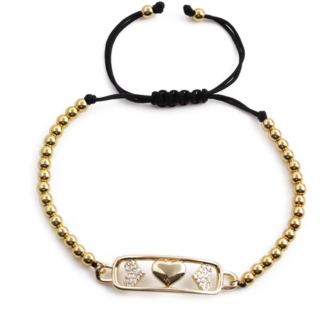 Pulsera De Cobre Chapada En Oro Con Dijes De Corazón De Circonia Cordón Trenzado Ajustable Joyería