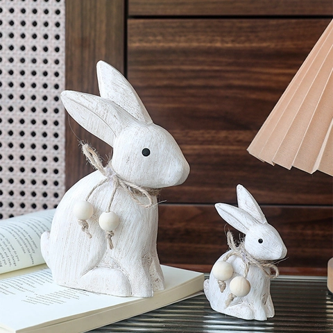European Style Distressed Wooden Easter Rabbit Figurines Garden Home Balcony Decoration Rustic Bunny Craft Ornament With Jute Rope