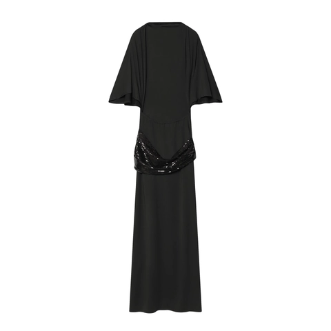 Women Black Maxi Dress With Sequin Belt Cloak Sleeves Round Neck Elegant Slim Fit Polyester Fashion