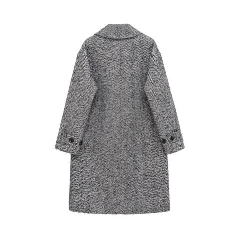 Damen Mantel Mit Fischgrätenmuster Tweed Revers Einreihig Langarm Mittellang Casual Oberbekleidung Grau
