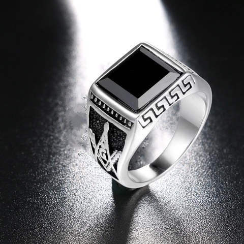Anillo Vintage Hombre Aleación Plateada Piedra Cuadrada Estilo Obsidiana Símbolo Masónico Diseño Abierto Ajustable Punk