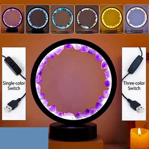 Natürliches Amethyst Kristall Nachtlicht Metallrahmen USB LED Nachttischlampe Modernes Rundes Desktop Dekorationslicht