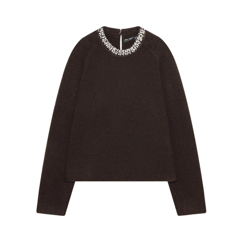 Maglione In Maglia Da Donna Manica Lunga Girocollo Strass Colletto Di Perline Elegante