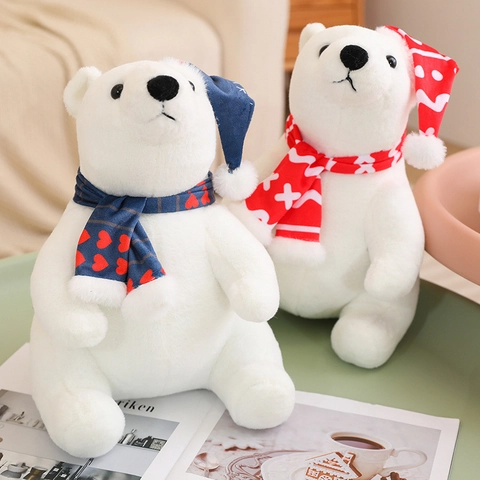 White Polar Bear Plush Toy Soft Stuffed Animal With Christmas Scarf Hat Decorative Winter Holiday Gift