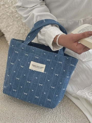 Vintage Denim Tote Handbag With Bow Embroidery Casual Commuting Portable Shopping Bag For Women
