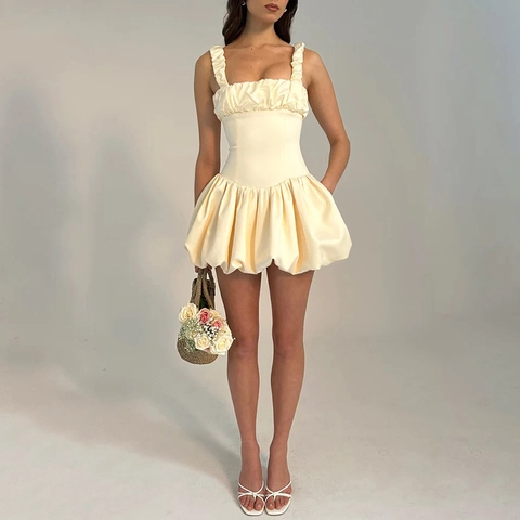 Sexy Square Neck Mini Dress Satin Patchwork Backless Bubble Hem Sleeveless High Waist Party Clubwear For Women