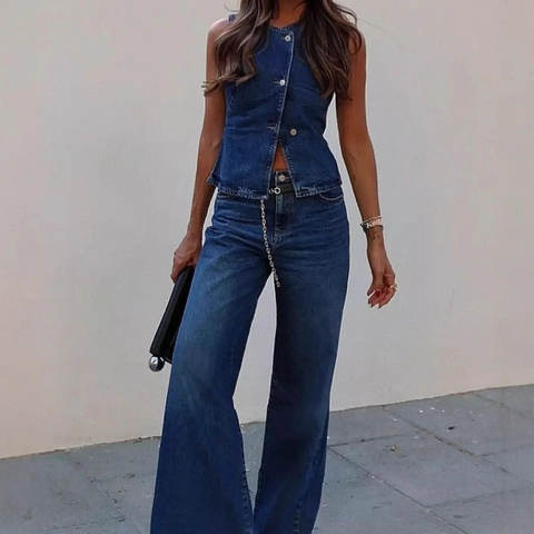 Women Denim Vest And Wide Leg Pants Sleeveless V Neck Button Up Casual Urban Streetwear Fashion Dark Blue