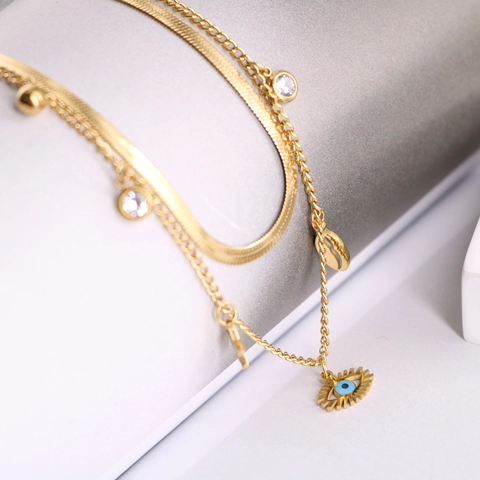 Bohemian Stainless Steel Jewelry Necklace And Bracelet Double Layered Snake Chain Blue Evil Eye Star Zircon Fashion For Women