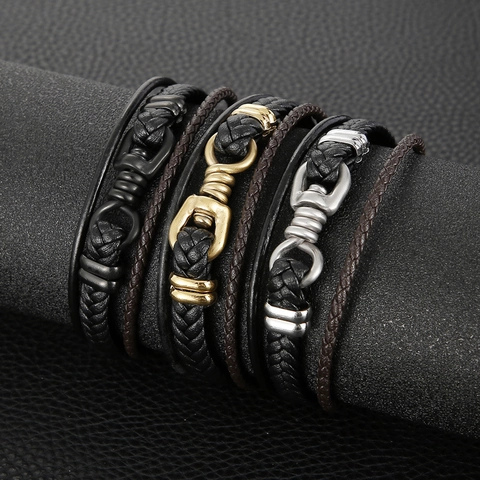 Bracciale Uomo Pelle Intrecciata Con Chiusura Magnetica In Acciaio Inossidabile Multistrato Punk Retro Gioielli Regalo