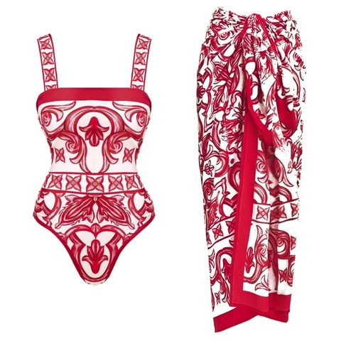 Costume Da Bagno Intero Con Stampa Majolica Mediterranea E Gonna Portafoglio Vacanze Mare Estate Donne Rosso Bianco