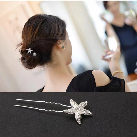 Zeester U-Vorm Haarstok Legering Strass Haarkvork Minimalistisch Oceaan Thema Knot Haarpeld Voor Vrouwen Elegant Hoofdstuk