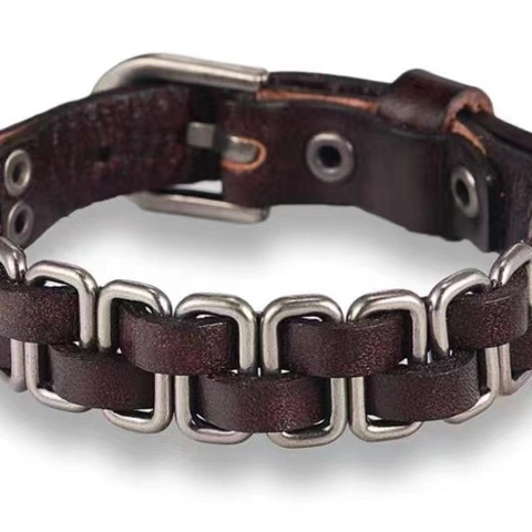 Pulsera De Cuero Trenzado Retro Eslabones De Cadena De Metal Hebilla Ajustable Estilo Punk Accesorio Unisex