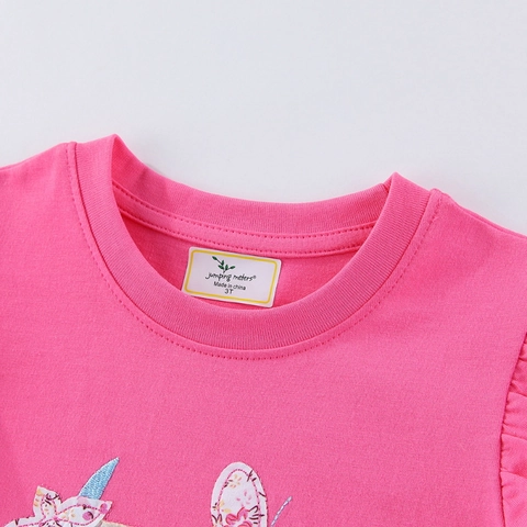 Toddler Girls 100% Cotton Short Sleeve T-Shirt With Unicorn Butterfly Applique Embroidery Ruffle Sleeve Summer Casual Top