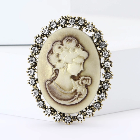 Spilla Cameo in Lega Vintage con Strass per Donna Gioielli di Moda Profilo Femminile Ovale Bronzo Antico Tonalità Argento
