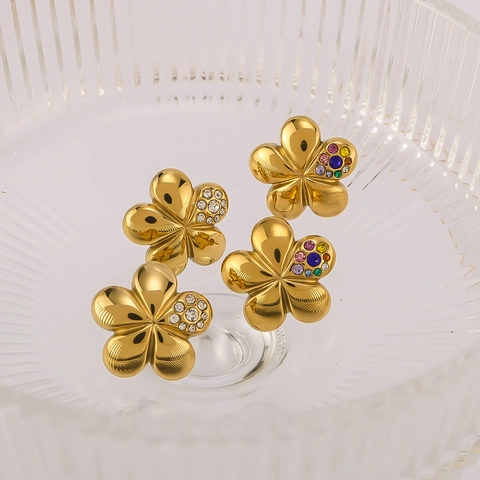 Vintage Flower Petal Stud Earrings 18K Gold Plated Stainless Steel Cubic Zirconia Statement Jewelry For Women