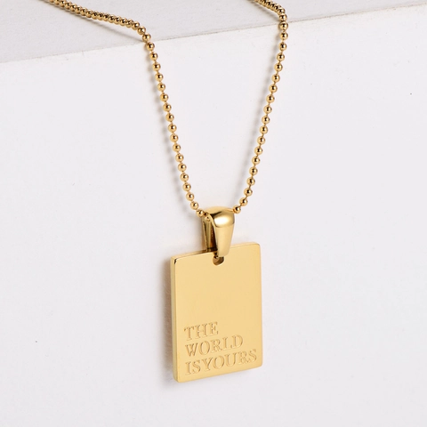 Stainless Steel Square Pendant Necklace Gold Plated Inspirational English Letter Engraved Ball Chain Minimalist Unisex Jewelry