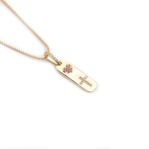 Heart Cross Pendant Necklace Gold Plated Copper With Pink Cubic Zirconia Box Chain Jewelry For Women Elegant