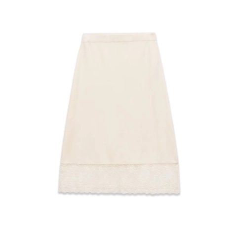 Women Knitted Midi Skirt Beaded Lace Hem Ribbed Straight Elastic Mid Waist Solid Color Elegant Chic