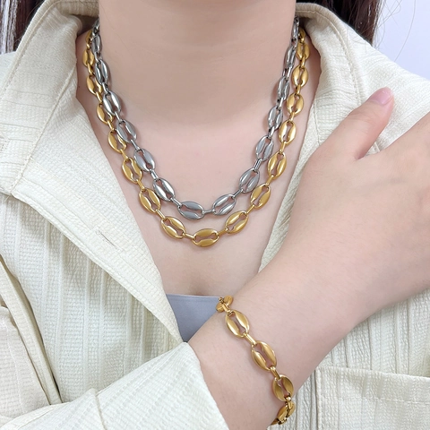 Hip-Hop Edelstahl Kaffeebohne Kette Halskette Armband Set Damen Schweinenase Gold Silber Plattiert Choker Schmuck