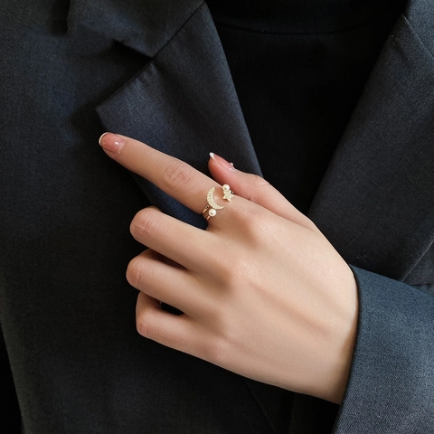 Anello Aperto Regolabile in Rame Vintage Luna Stella Placcato Oro Con Strass E Perla Artificiale Per Gioielli Moda Donna