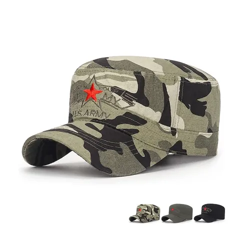 Gorra Cadet Estilo Militar Algodón Estrella Roja Bordada Camuflaje Ajustable Protección Solar Exterior Táctica