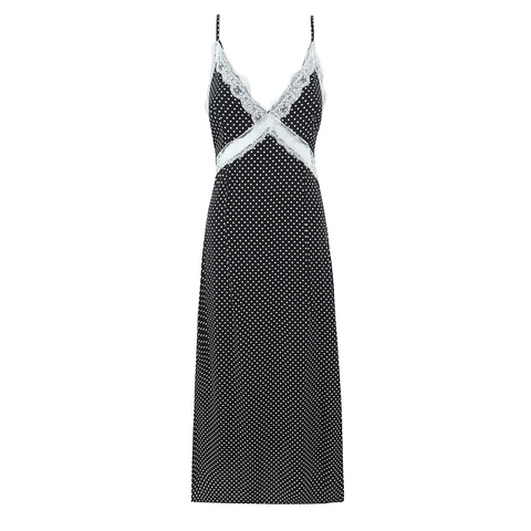 Women Polka Dot Midi Dress With Lace Trim V Neck Spaghetti Strap Sleeveless French Retro Sexy Summer Rayon Outfit
