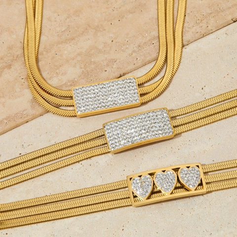 Ensemble de Bijoux en Acier Inoxydable Cœur Strass pour Femme Plqué Or Argent Collier Bracelet Chaîne Serpent Multicouche