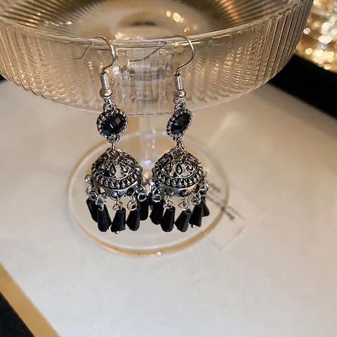 Ρετρό Bohemian Jhumka Σκουλαρίκια Με Φούντα Με Μαύρο Κρύσταλλο Και 925 Sterling Silver Earring Post Ethnic Style Γυναίκες
